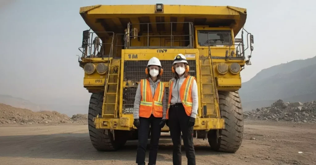 Profissionais de mineração com equipamentos de proteção individual em frente a um caminhão de grande porte, destacando o potencial da região para mineração sustentável e transição energética.