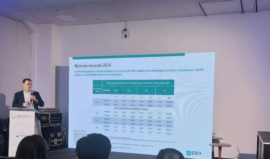 Daniel Suman apresentando dados em conferência, com público assistindo em sala de reunião.