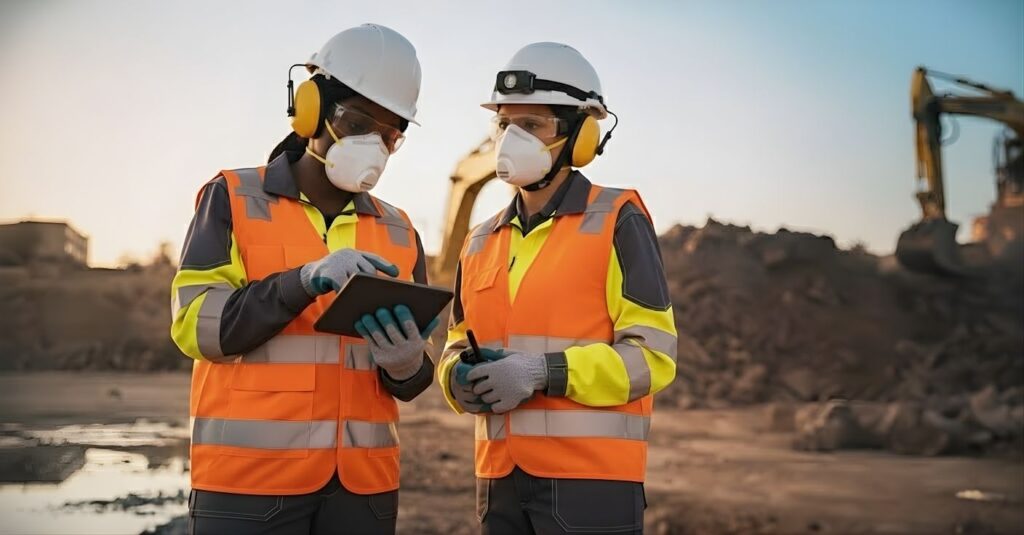 Duas mulheres vestindo equipamentos de segurança na mineração, discutindo dados de um relatório no painel
