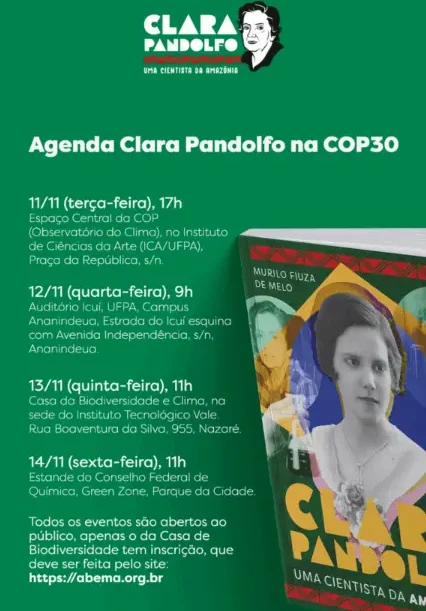 Agenda de eventos da Clara Pandolfo na COP30, destacando datas e locais em Queima, Brasil, com detalhes sobre palestras e atividades ambientais.