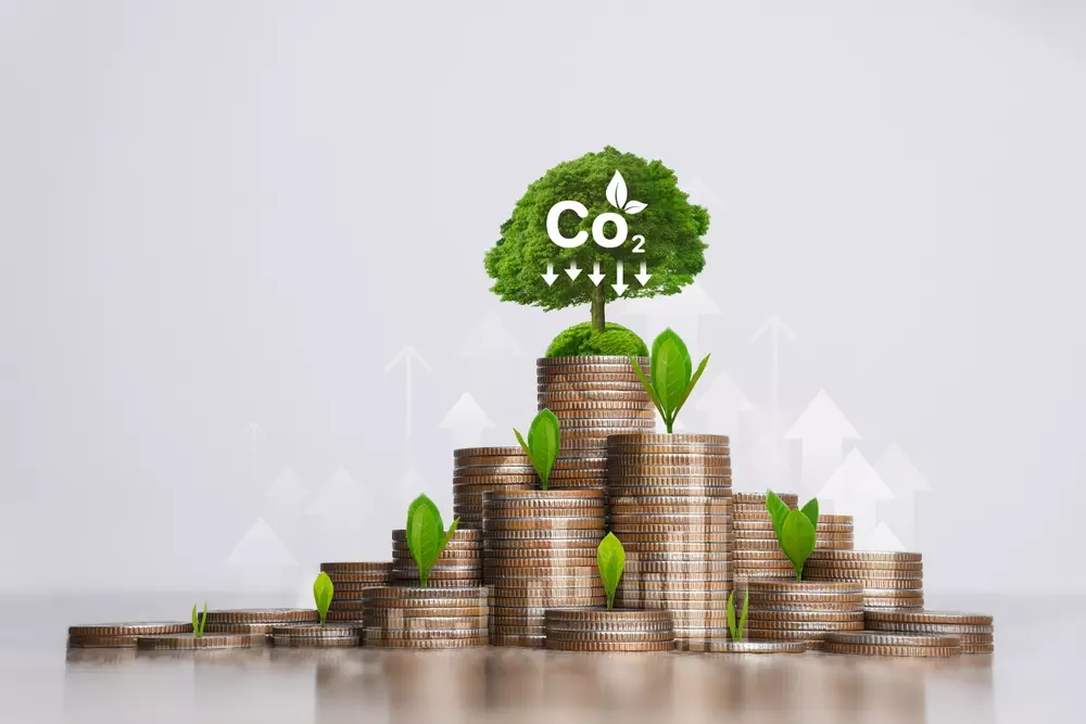 Uma planta crescendo entre pilhas de moedas de dinheiro, com um símbolo de CO2 e uma árvore verde ao topo, representando sustentabilidade e redução de carbono.