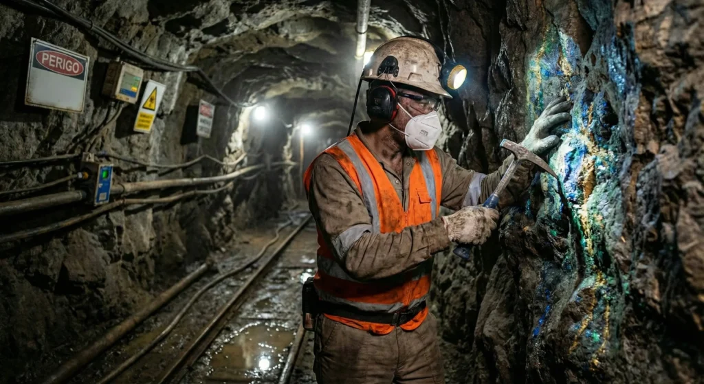 Trabalhador minerando na privatização do minério de ferro na mina subterrânea, usando equipamentos de segurança e máscara de proteção, dentro de um túnel escuro de mineração.