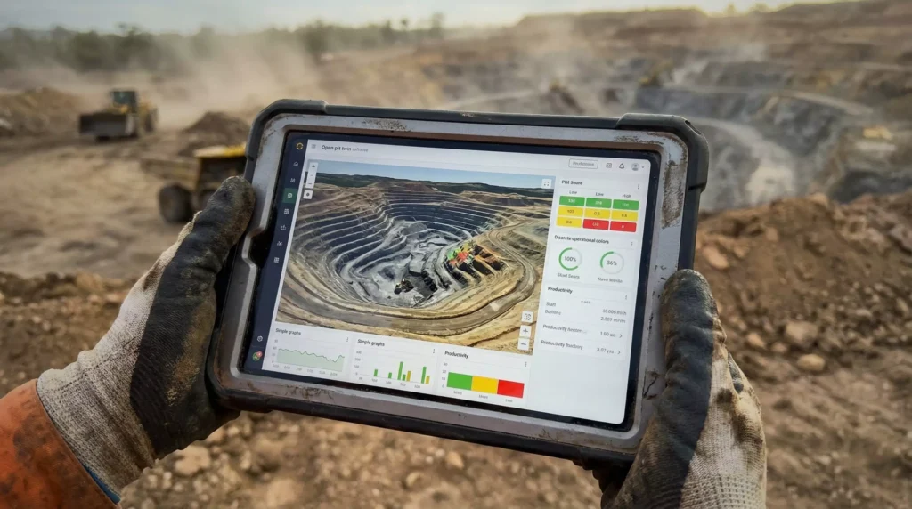 Operador de mineração usando tablet com dados de operações inteligentes em um cenário de mineração, destaque para tecnologia inovadora na indústria de mineração.