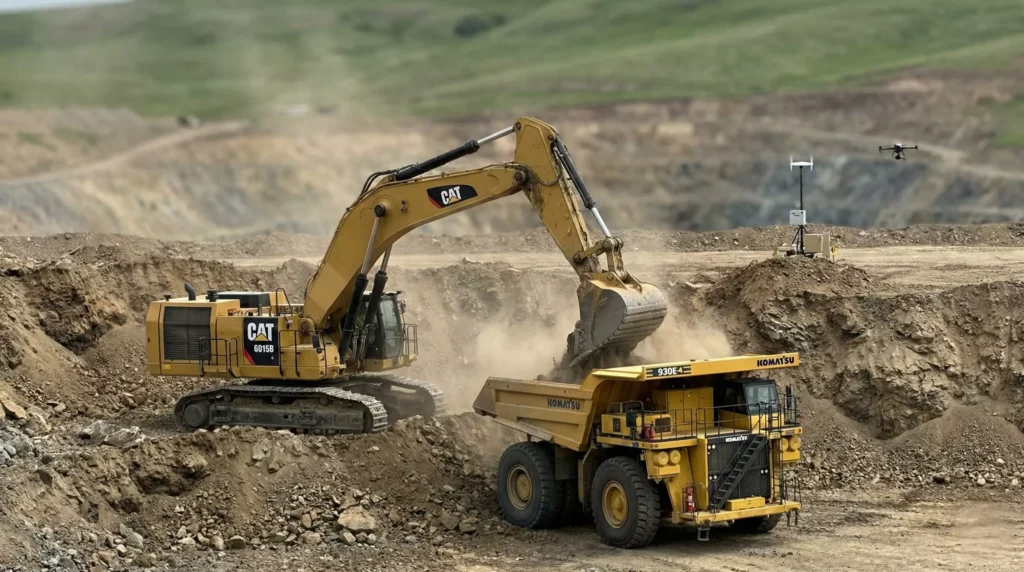 Escavadeira carregando materiais em uma área de mineração de ouro, com caminhão carregado pronto para transportar o material extraído.