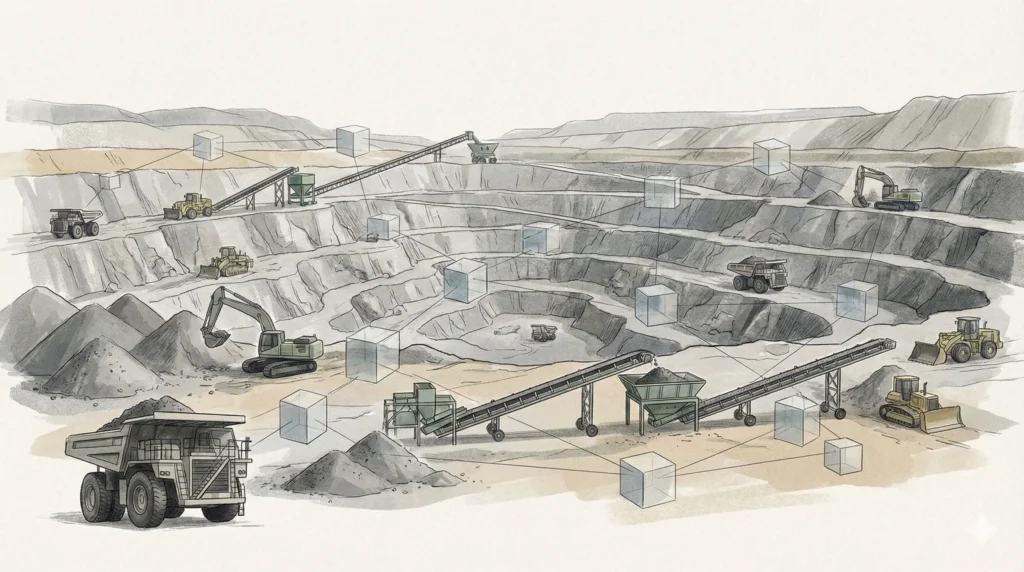 Ilustração explicativa de como funciona a tecnologia blockchain, mostrando mineração de criptomoedas em uma paisagem de minas com equipamentos e blocos digitais