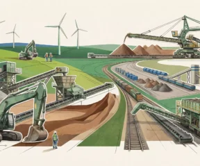 Ilustração de mineração sustentável que gera empregos verdes, com equipamentos de escavação e turbinas eólicas ao fundo, destacando a transformação de territórios.