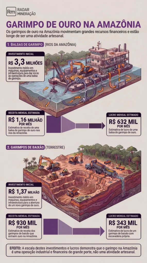 Infográfico sobre o garimpo de ouro na Amazônia que mostra os investimentos, receitas e lucros de garimpos de alto e baixo nível na região.