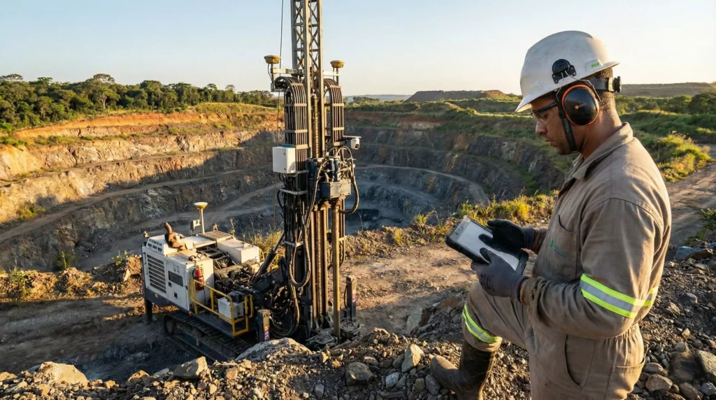 Profissional de mineração utilizando automação com IA na perfuração de minas