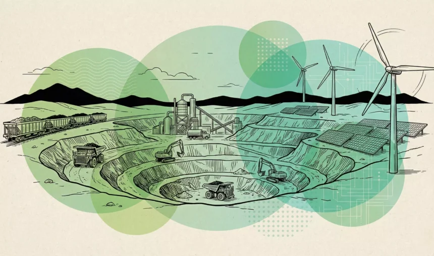 Ilustração de mineração de minerais críticos essenciais para energia renovável, com painéis solares e turbinas eólicas ao fundo, destacando a necessidade de modernizar redes de transmissão.