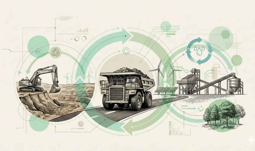 Ilustração de mineração circular no Brasil, destacando etapas de extração, transporte e reciclagem, promovendo sustentabilidade e eficiência na mineração.