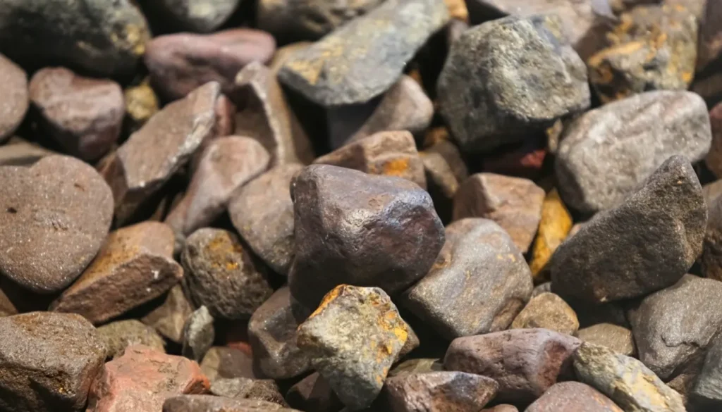 Close de diversos fragmentos de minério de ferro em estado bruto, apresentando formatos irregulares e superfícies foscas. 