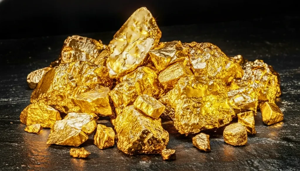 Pilha de pepitas de ouro bruto com texturas irregulares e brilho intenso, destacando-se sobre uma superfície de pedra escura e rugosa