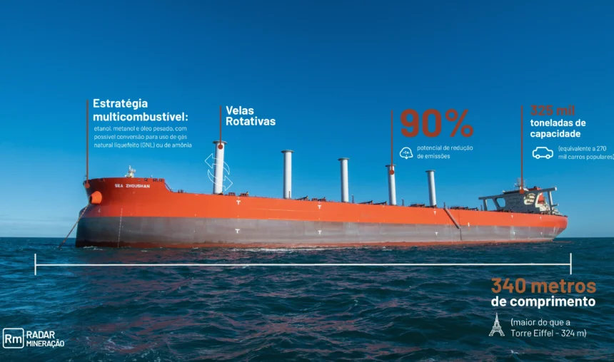 Navio transoceânico movido a etanol com 340 metros de comprimento, 90% de potencial de redução de emissões, capaz de transportar 325 mil toneladas de capacidade, equipado com velas rotativas, destacando o uso de etanol como combustível sustentável