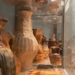 Vasos antigos de cerâmica com texturas rústicas e jarras esculpidas expostos em uma vitrine de vidro