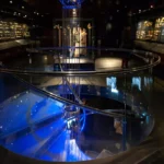 Escadaria em espiral de vidro e metal com iluminação azul vibrante no centro da Galeria Bollinger