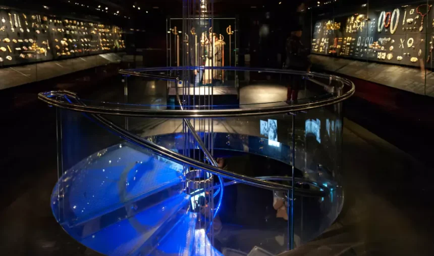 Escadaria em espiral de vidro e metal com iluminação azul vibrante no centro da Galeria Bollinger