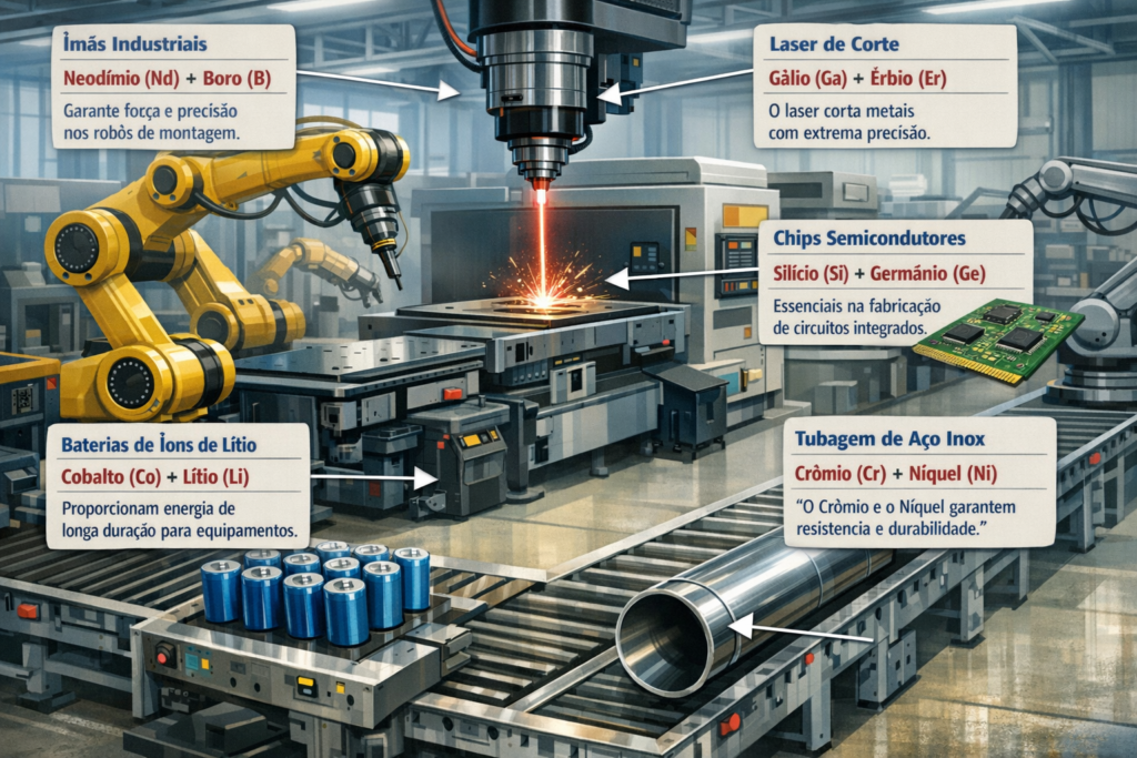 Robôs e máquinas a laser trabalham em uma fábrica de alta tecnologia. Os destaques mostram os principais materiais: ímãs industriais, baterias de íons de lítio, tubos de metal, corte a laser e chips semicondutores, cada um rotulado com seus elementos.