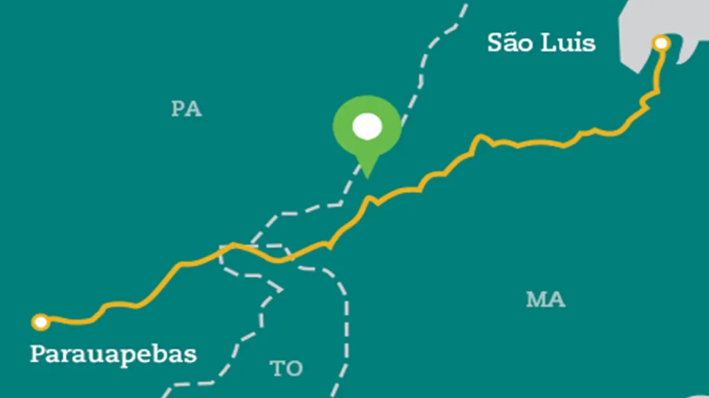 Mapa do eixo logístico do Pará até São Luís, indicando Parauapebas e a conexão com o Terminal Marítimo de Ponta da Madeira e o Porto do Itaqui, no Maranhão.