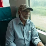 Homem idoso com barba e boné camuflado sentado em um ônibus, usando camisa azul, ao lado da janela com paisagem desfocada ao fundo.