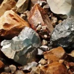 Pedras e minerais de terras raras, incluindo óxidos de cores vibrantes como vermelho, azul e cinza, utilizados na fabricação de componentes eletrônicos e magnetismo.