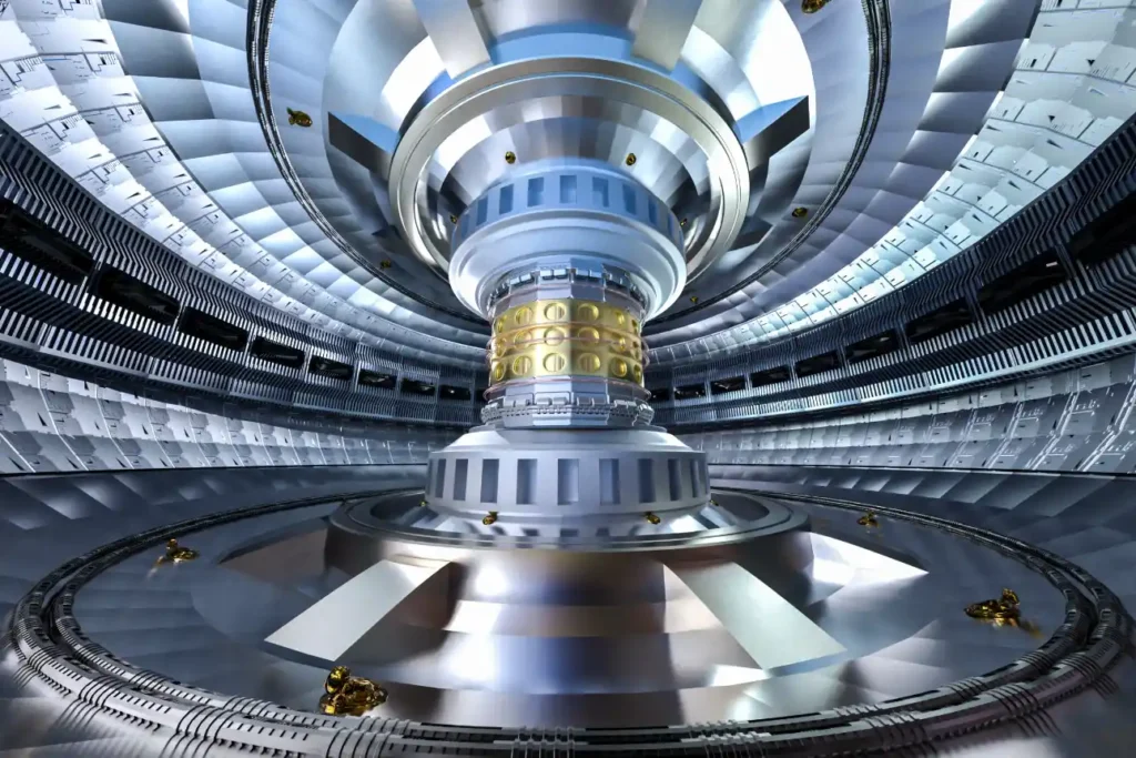 Interior de uma câmara do núcleo de reator de fusão nuclear modular 3D, com estrutura cilíndrica metálica, anel central e componentes detalhados em ambiente futurista e industrial.