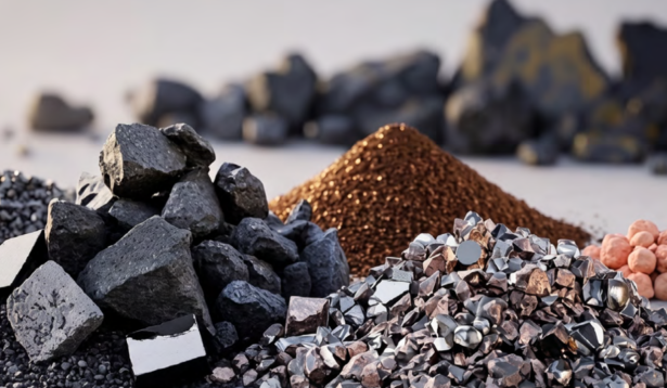Várias pilhas de minerais brutos e minérios, incluindo rochas pretas, pedaços metálicos, grânulos marrom-avermelhados e pequenas pedras redondas, dispostas sobre uma superfície plana, com mais rochas difusas ao fundo.