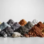 Imagem gerada digitalmente representando amostras de minerais de terras raras em variadas granulometrias