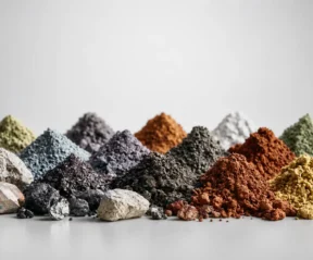 Imagem gerada digitalmente representando amostras de minerais de terras raras em variadas granulometrias