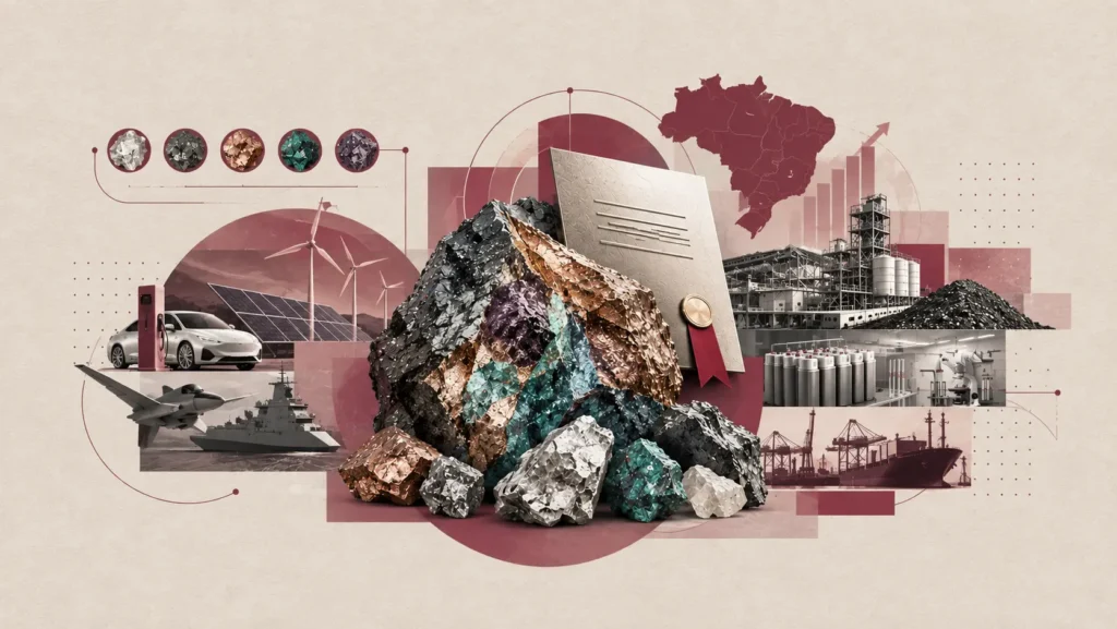 Uma colagem de minerais, um certificado, painéis solares, uma fábrica, turbinas eólicas, um navio, um carro e um mapa do Brasil — evocando temas relacionados à indústria, à mineração no âmbito da Lei dos Minerais Críticos e às energias renováveis — aparece sobre um fundo bege com detalhes em bordô.