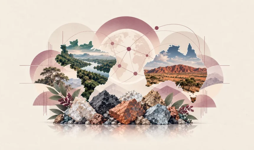 Uma colagem de minerais em primeiro plano, com paisagens, um mapa-múndi destacando o Brasil e a Austrália, e linhas abstratas em tons suaves de rosa e bege ao fundo.