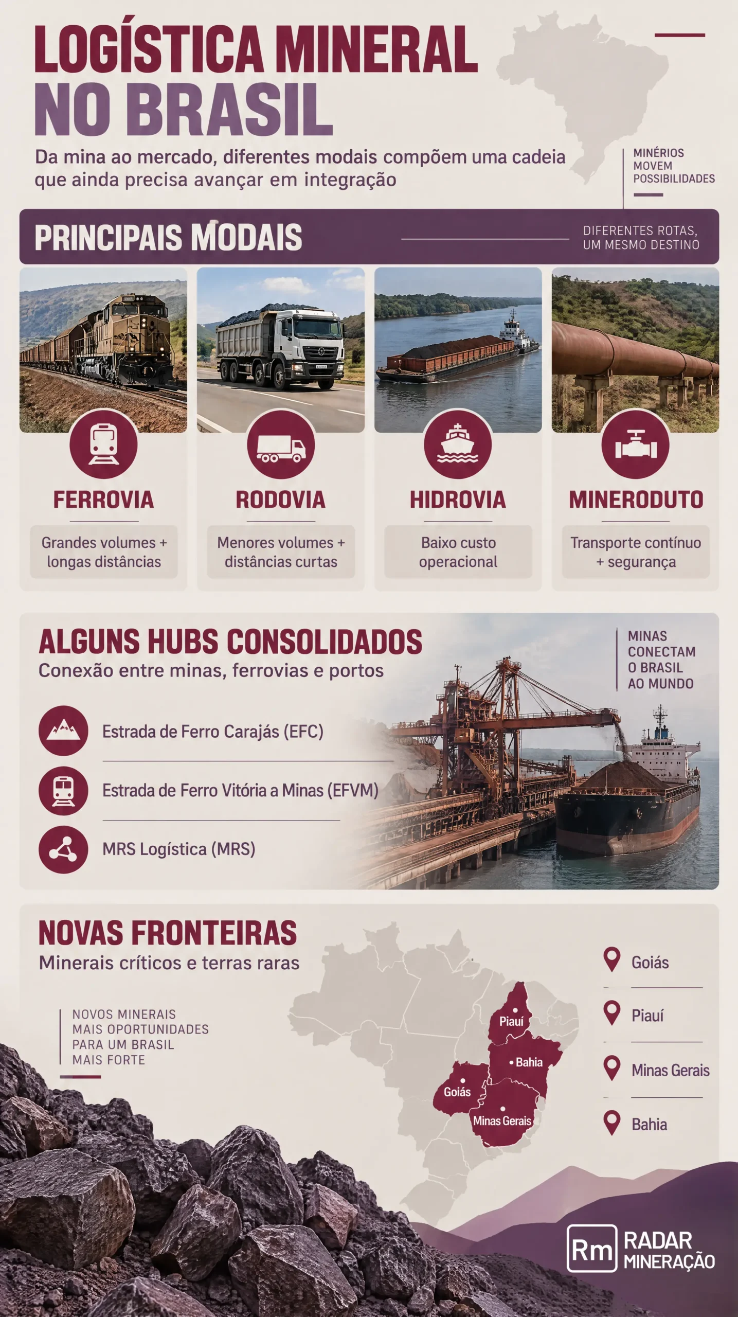 Infográfico intitulado Logística Mineral no Brasil, que mostra os meios de transporte, os centros ferroviários e um mapa destacando os estados mineradores, incluindo Goiás, Piauí e Bahia.